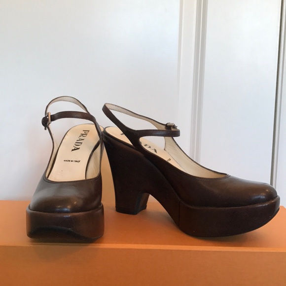 Prada Sling Back Platform Heel Brown - Picture 1 of 8